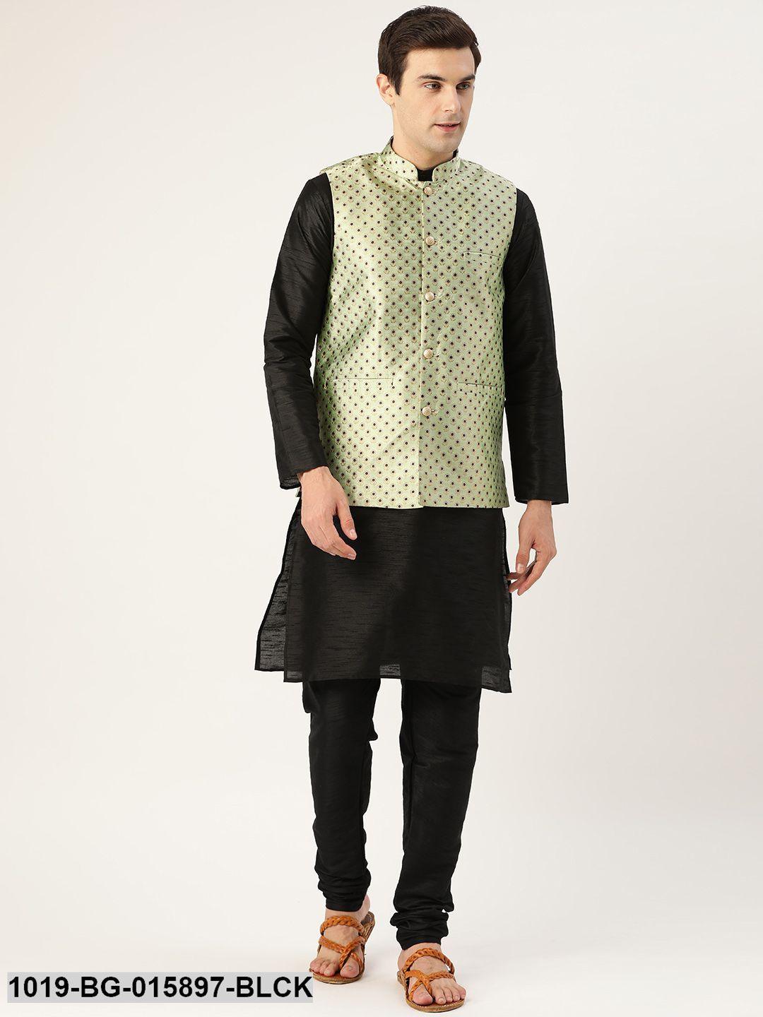 Men's Silk Blend Black Kurta Pyjama & Pista Green Nehru jacket Combo - Sojanya - Indiakreations