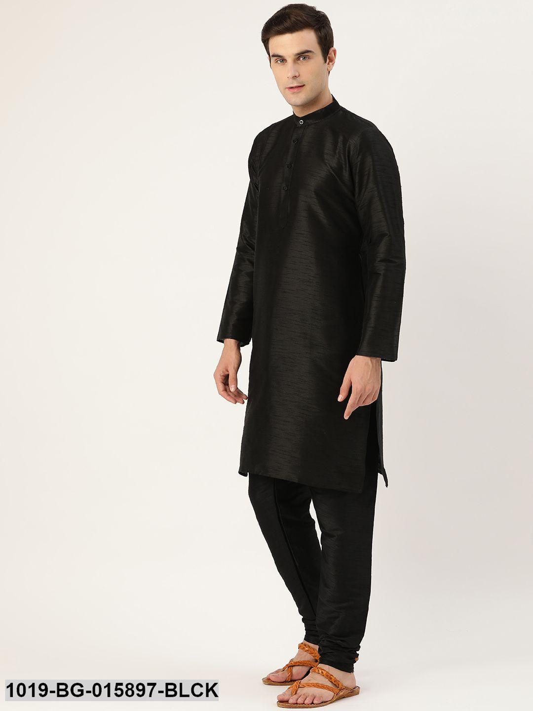 Men's Silk Blend Black Kurta Pyjama & Pista Green Nehru jacket Combo - Sojanya - Indiakreations