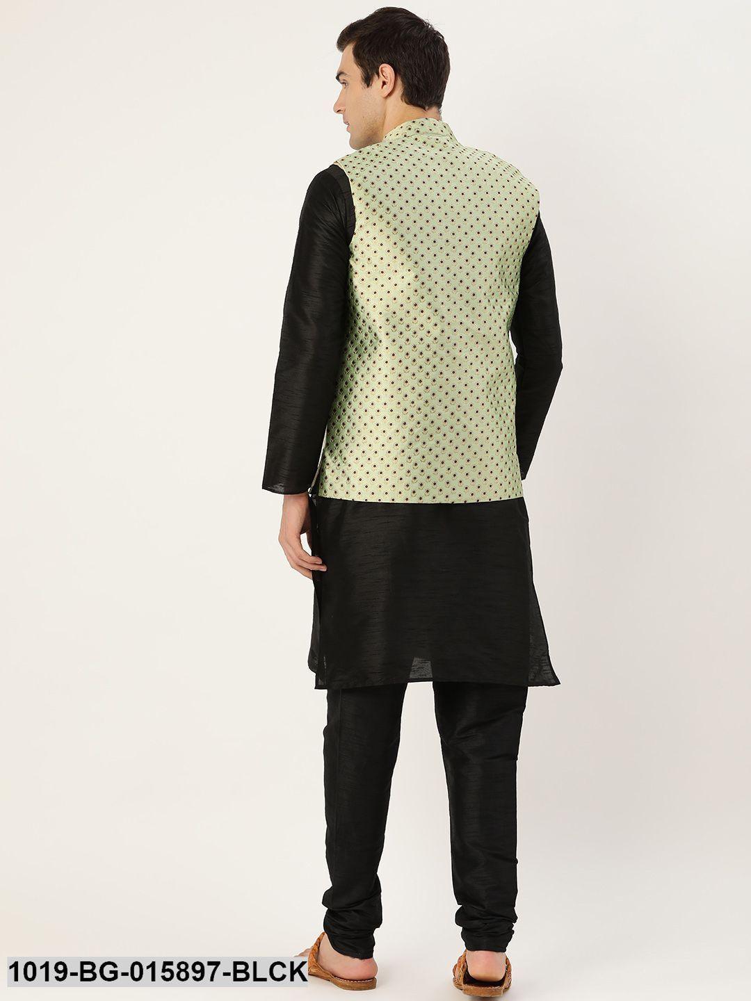 Men's Silk Blend Black Kurta Pyjama & Pista Green Nehru jacket Combo - Sojanya - Indiakreations