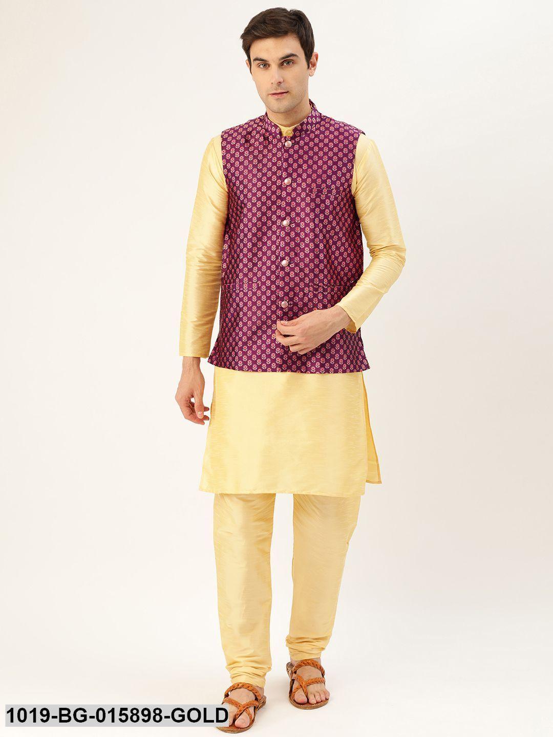 Men's Silk Blend Gold Kurta Pyjama & Wine Nehru jacket Combo - Sojanya - Indiakreations