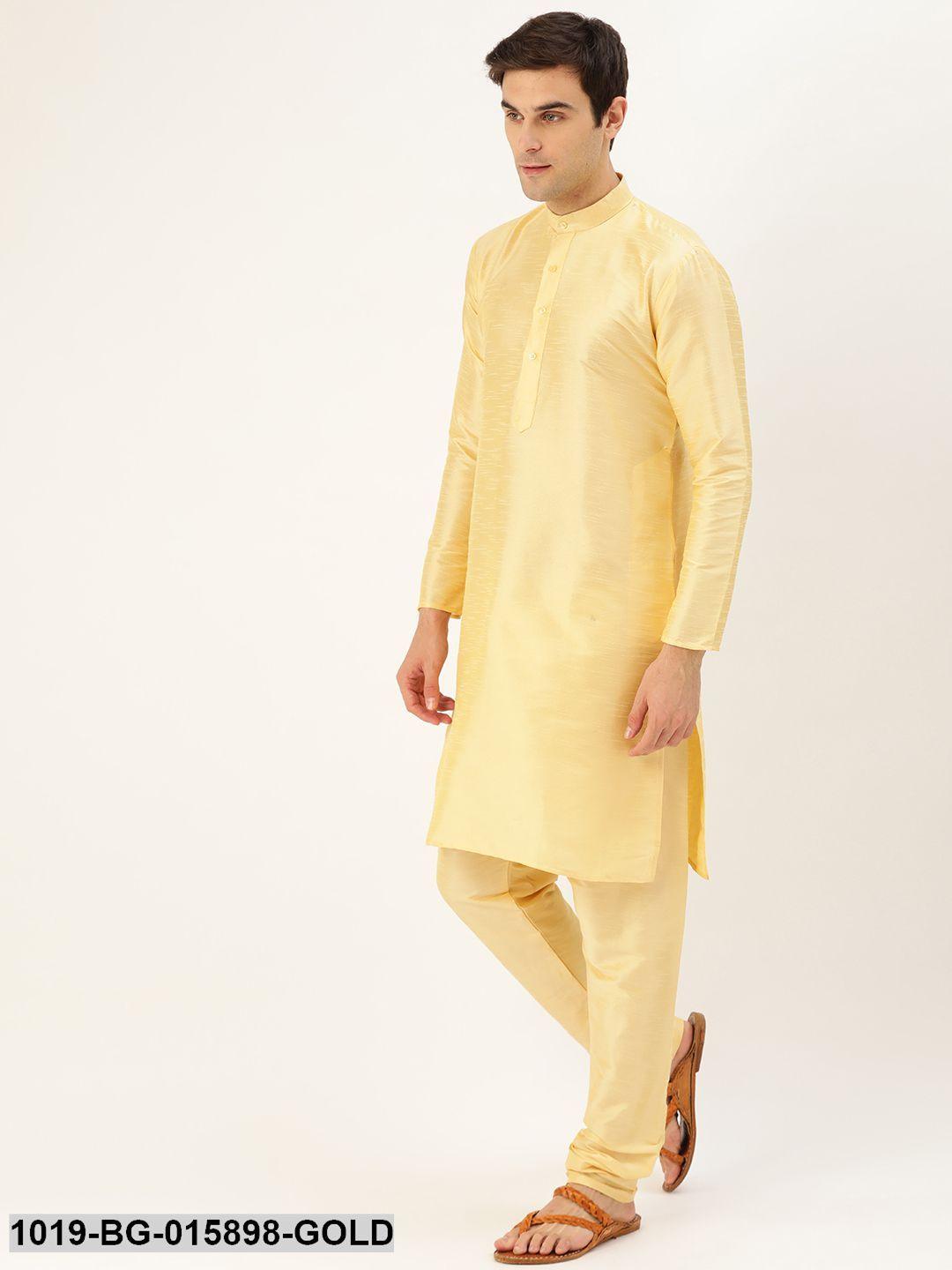 Men's Silk Blend Gold Kurta Pyjama & Wine Nehru jacket Combo - Sojanya - Indiakreations