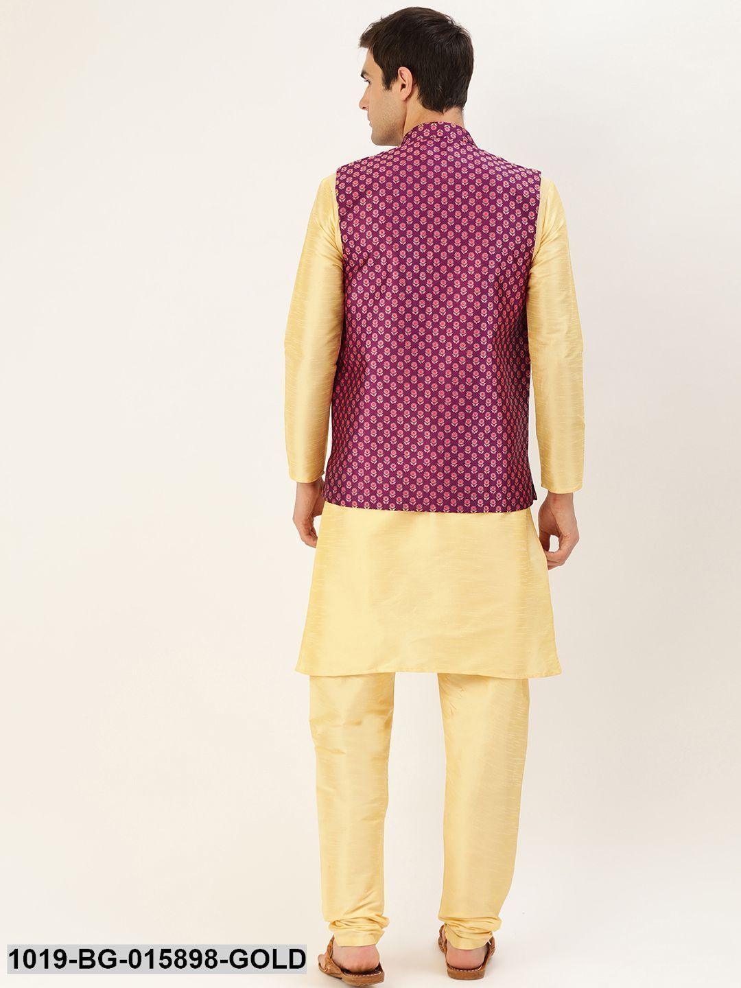 Men's Silk Blend Gold Kurta Pyjama & Wine Nehru jacket Combo - Sojanya - Indiakreations