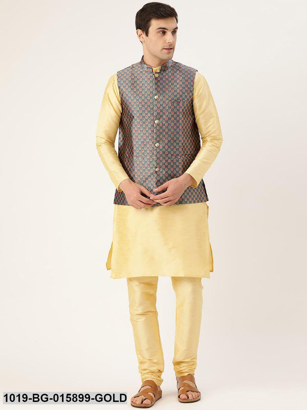 Men's Silk Blend Gold Kurta Pyjama & Charcoal Grey Nehru jacket Combo - Sojanya - Indiakreations