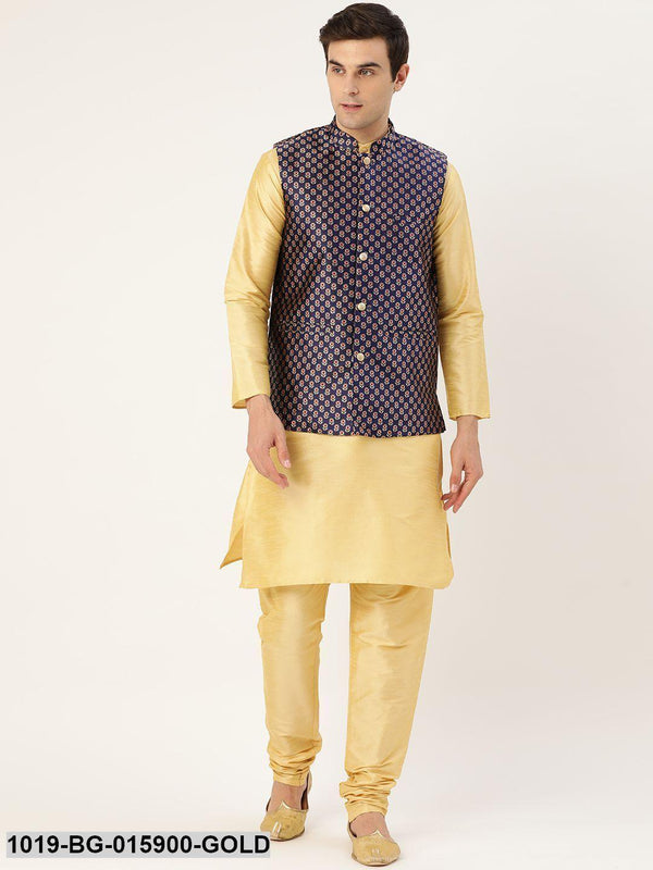 Men's Silk Blend Gold Kurta Pyjama & Navy Blue Nehru jacket Combo - Sojanya - Indiakreations