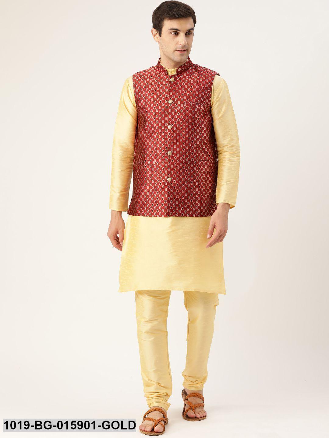 Men's Silk Blend Gold Kurta Pyjama & Maroon Nehru jacket Combo - Sojanya - Indiakreations