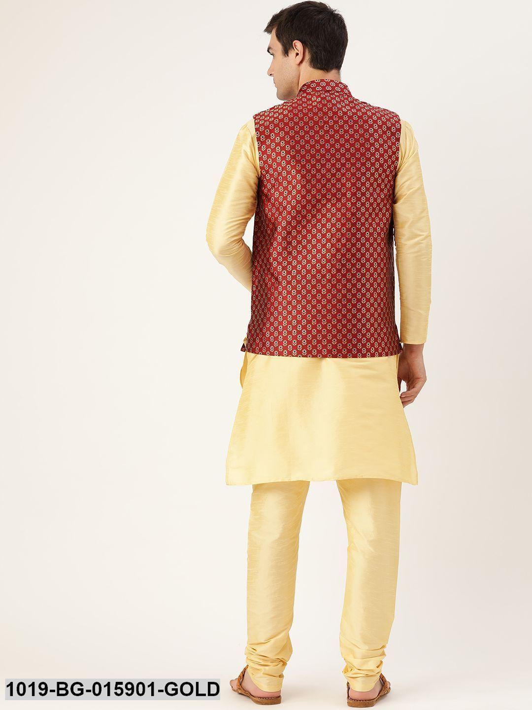 Men's Silk Blend Gold Kurta Pyjama & Maroon Nehru jacket Combo - Sojanya - Indiakreations