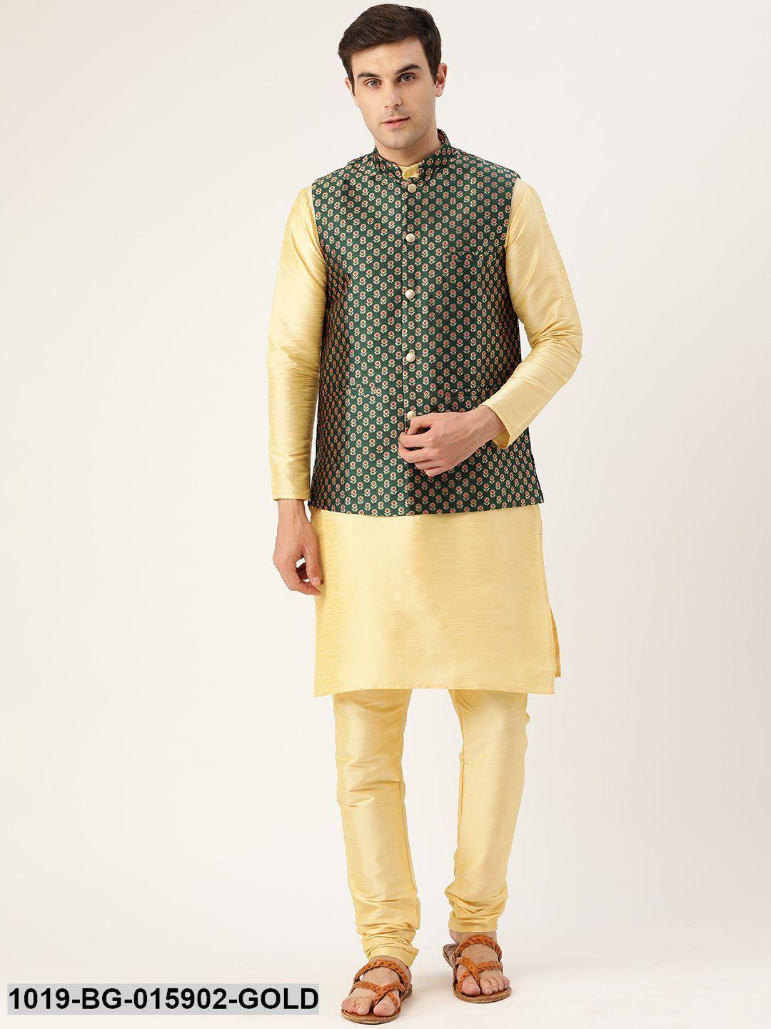 Men's Silk Blend Gold Kurta Pyjama & Dark Green Nehru jacket Combo - Sojanya - Indiakreations