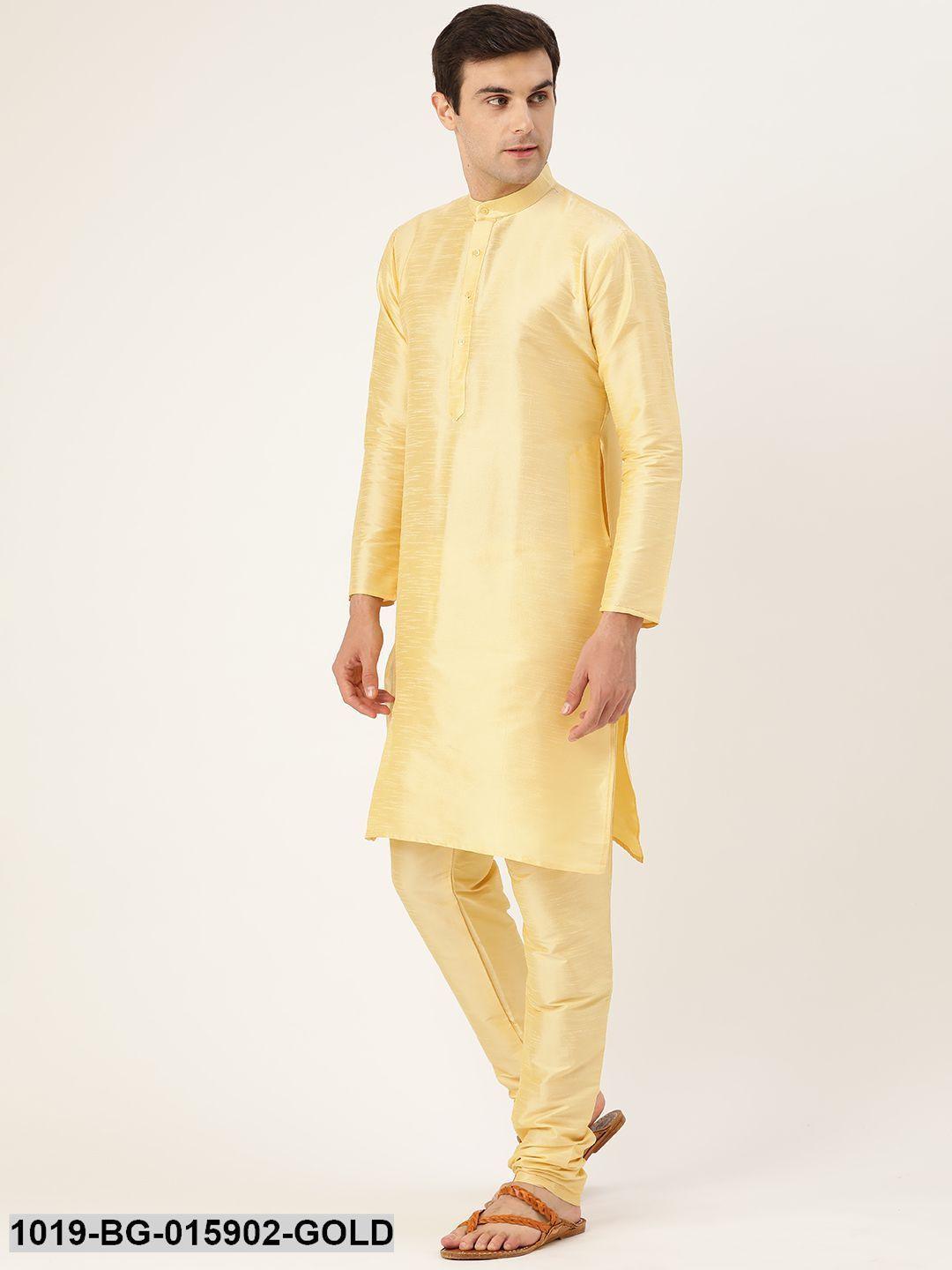 Men's Silk Blend Gold Kurta Pyjama & Dark Green Nehru jacket Combo - Sojanya - Indiakreations