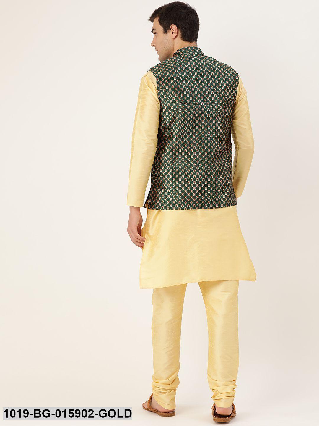 Men's Silk Blend Gold Kurta Pyjama & Dark Green Nehru jacket Combo - Sojanya - Indiakreations