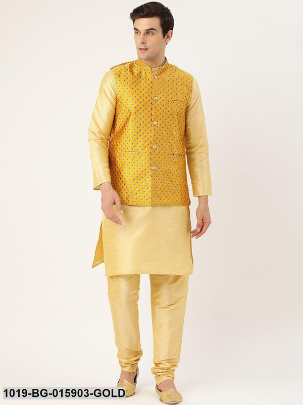 Men's Silk Blend Gold Kurta Pyjama & Mustard Nehru jacket Combo - Sojanya - Indiakreations