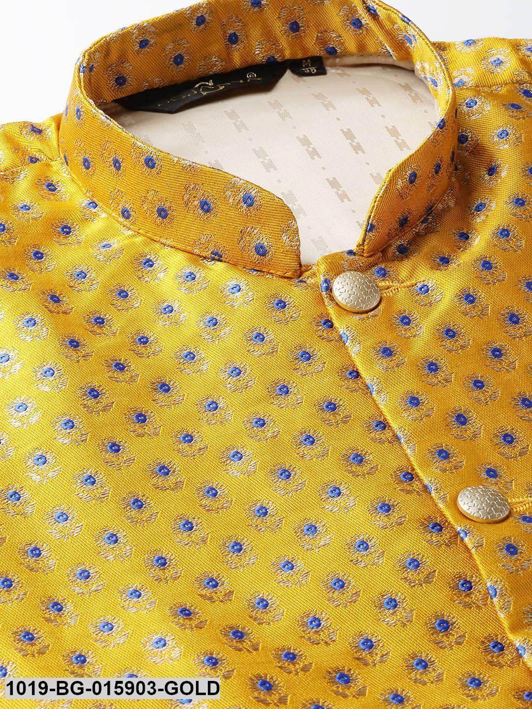 Men's Silk Blend Gold Kurta Pyjama & Mustard Nehru jacket Combo - Sojanya - Indiakreations