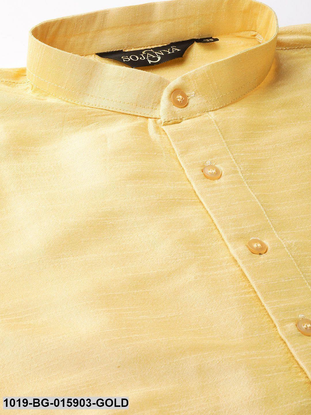 Men's Silk Blend Gold Kurta Pyjama & Mustard Nehru jacket Combo - Sojanya - Indiakreations