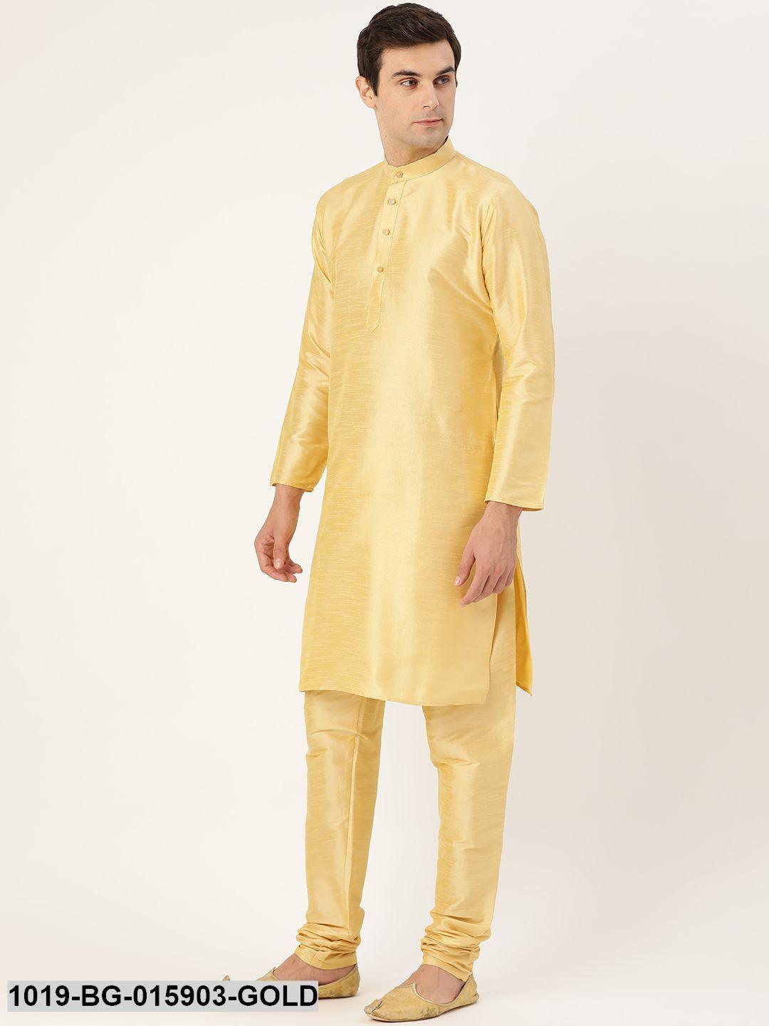 Men's Silk Blend Gold Kurta Pyjama & Mustard Nehru jacket Combo - Sojanya - Indiakreations