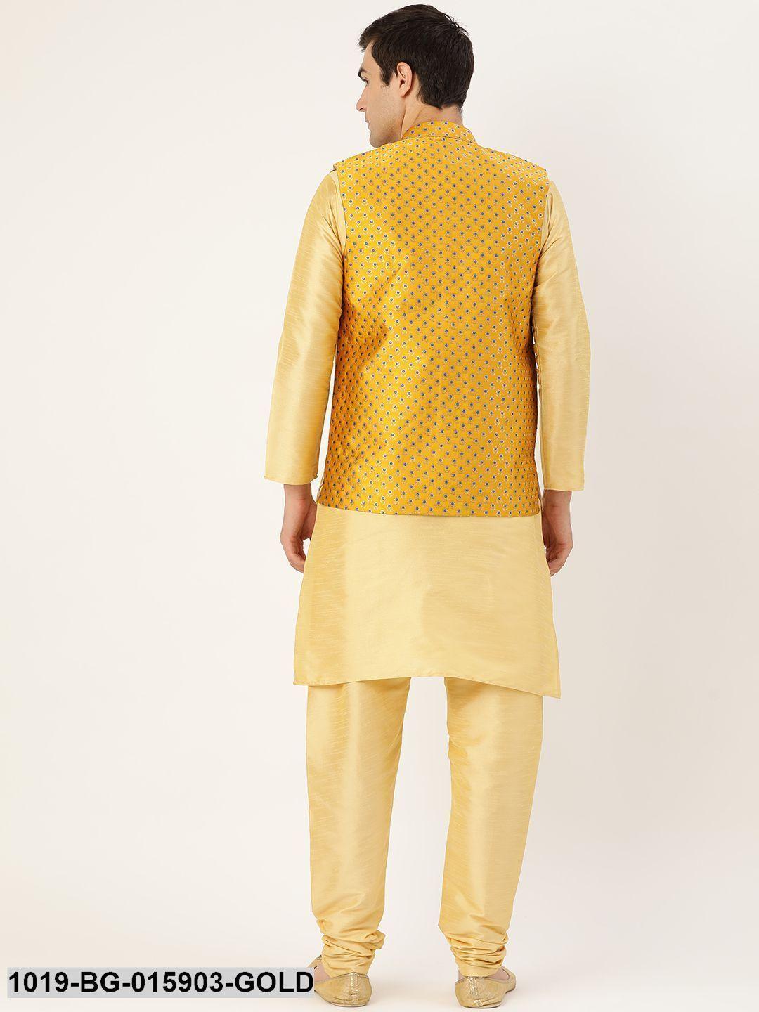 Men's Silk Blend Gold Kurta Pyjama & Mustard Nehru jacket Combo - Sojanya - Indiakreations