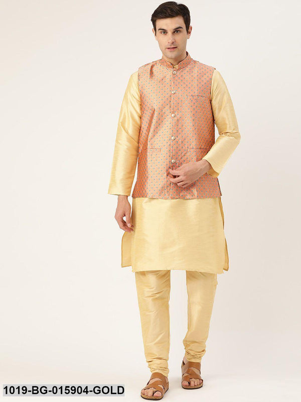 Men's Silk Blend Gold Kurta Pyjama & Peach Nehru jacket Combo - Sojanya - Indiakreations