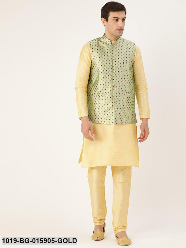 Men's Silk Blend Gold Kurta Pyjama & Pista Green Nehru jacket Combo - Sojanya - Indiakreations