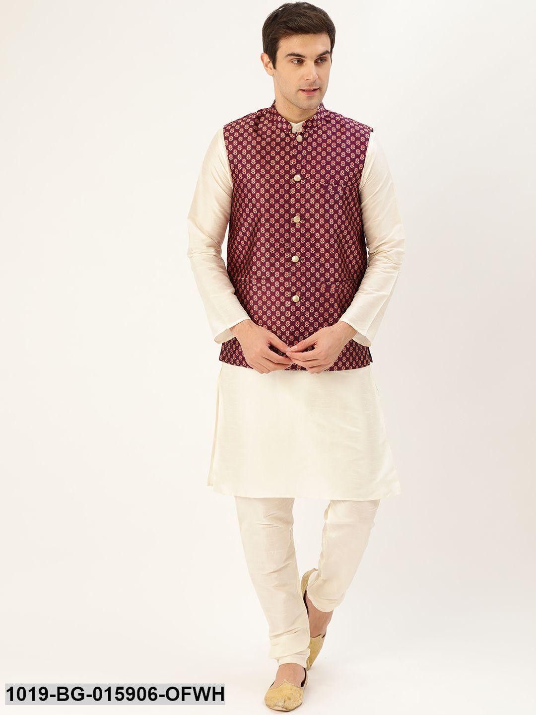 Men's Silk Blend Off White Kurta Pyjama & Wine Nehru jacket Combo - Sojanya - Indiakreations