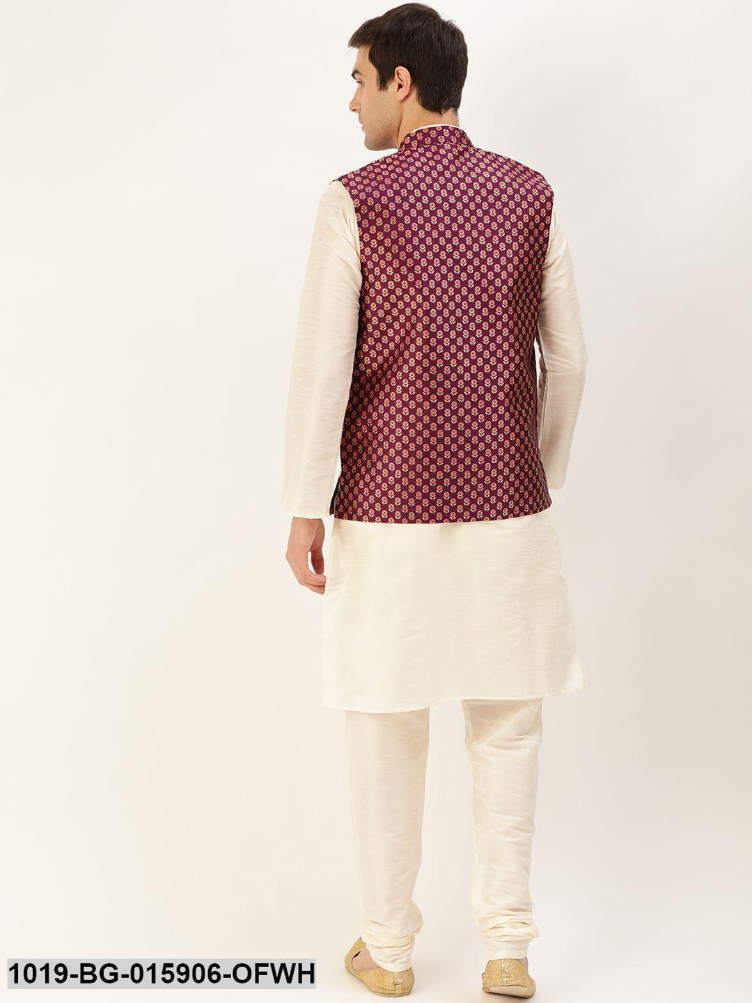 Men's Silk Blend Off White Kurta Pyjama & Wine Nehru jacket Combo - Sojanya - Indiakreations