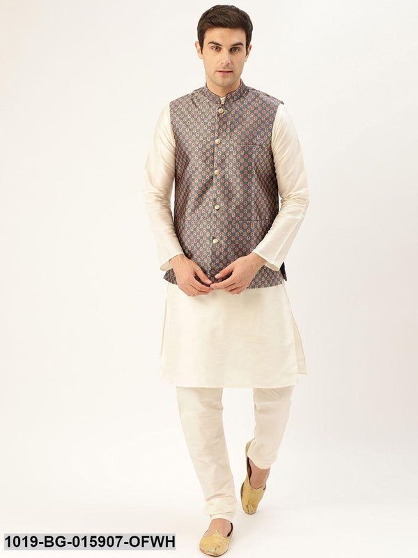 Men's Silk Blend Off White Kurta Pyjama & Charcoal Grey Nehru jacket Combo - Sojanya - Indiakreations