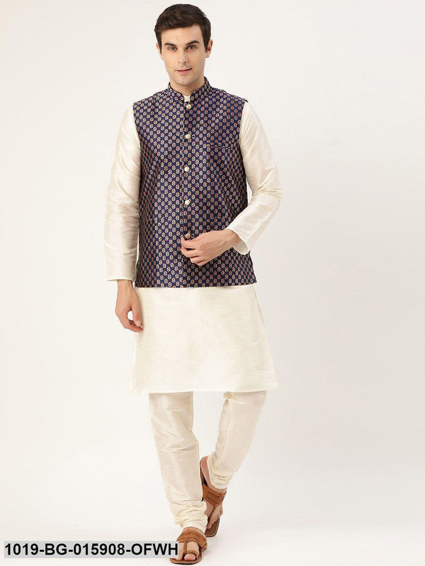 Men's Silk Blend Off White Kurta Pyjama & Navy Blue Nehru jacket Combo - Sojanya - Indiakreations