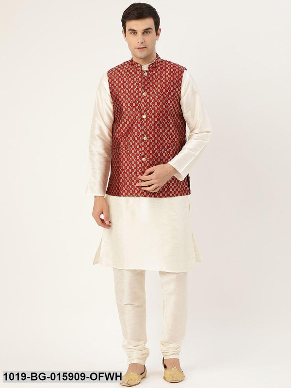 Men's Silk Blend Off White Kurta Pyjama & Maroon Nehru jacket Combo - Sojanya - Indiakreations