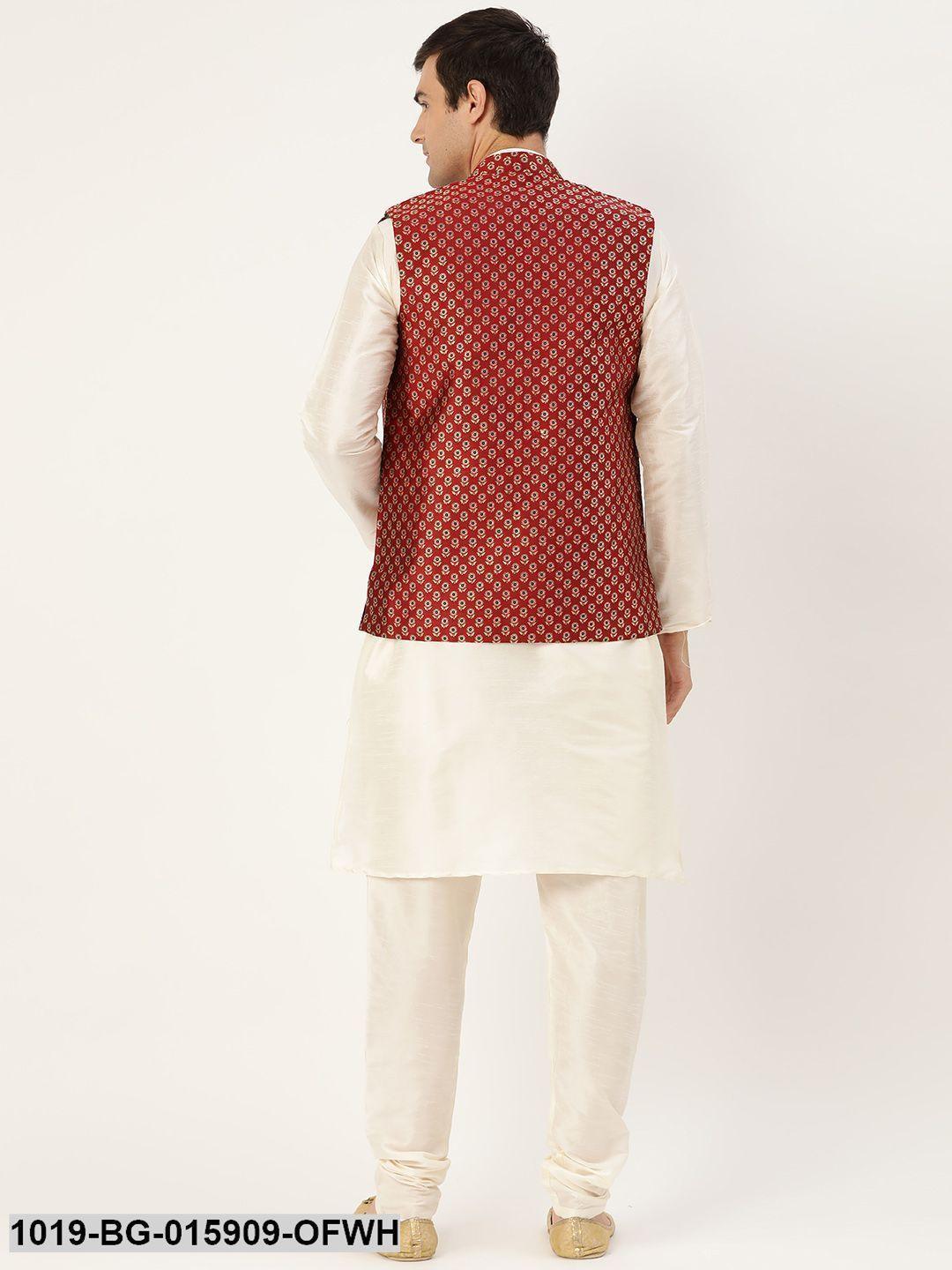 Men's Silk Blend Off White Kurta Pyjama & Maroon Nehru jacket Combo - Sojanya - Indiakreations