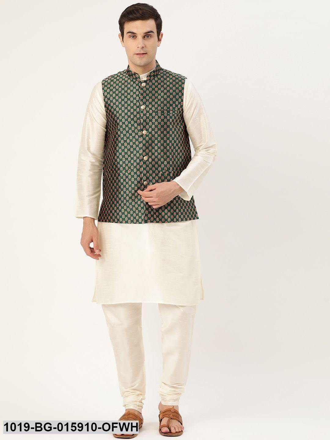 Men's Silk Blend Off White Kurta Pyjama & Dark Green Nehru jacket Combo - Sojanya - Indiakreations