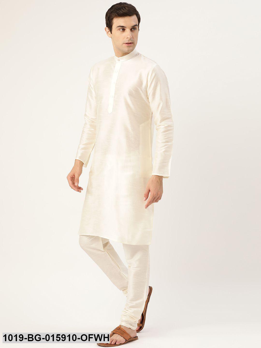 Men's Silk Blend Off White Kurta Pyjama & Dark Green Nehru jacket Combo - Sojanya - Indiakreations