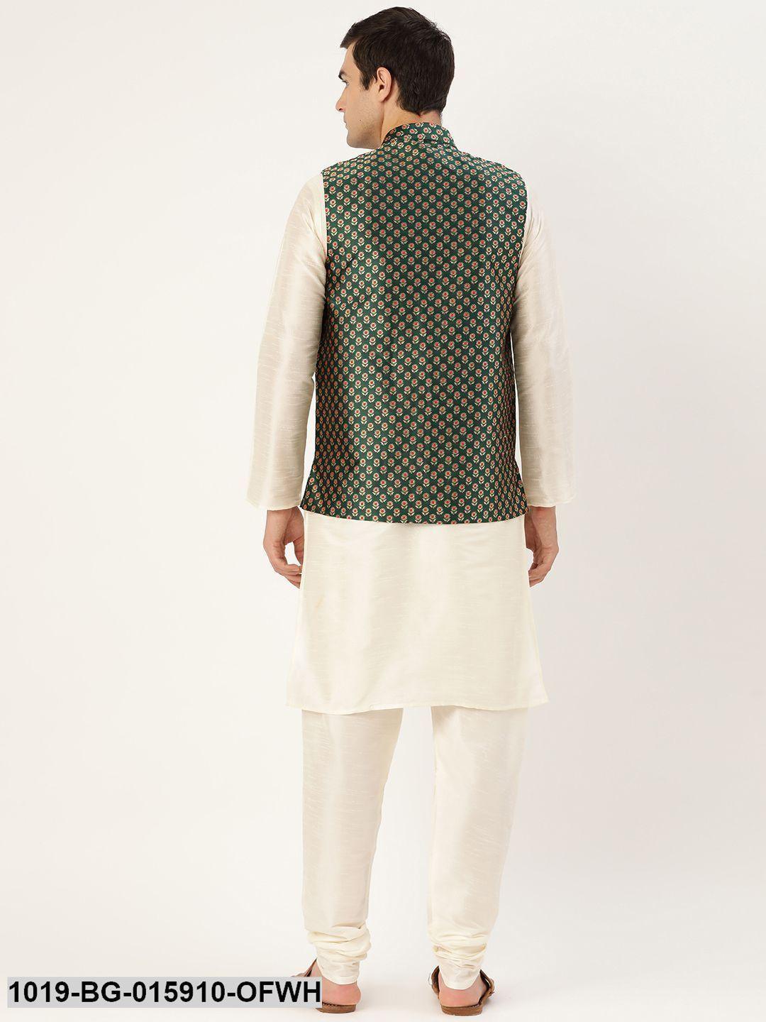 Men's Silk Blend Off White Kurta Pyjama & Dark Green Nehru jacket Combo - Sojanya - Indiakreations