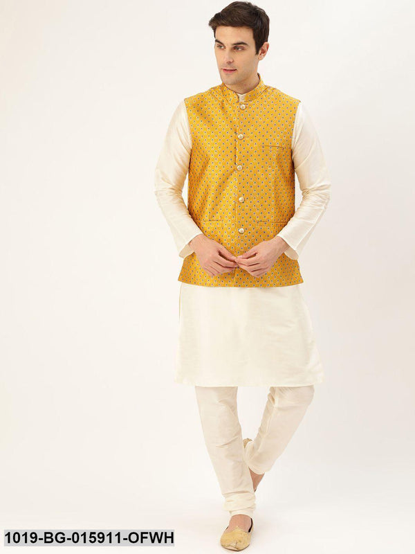 Men's Silk Blend Off White Kurta Pyjama & Mustard Nehru jacket Combo - Sojanya - Indiakreations