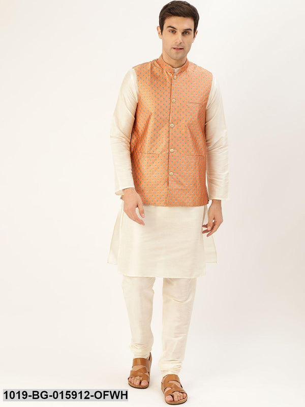 Men's Silk Blend Off White Kurta Pyjama & Peach Nehru jacket Combo - Sojanya - Indiakreations