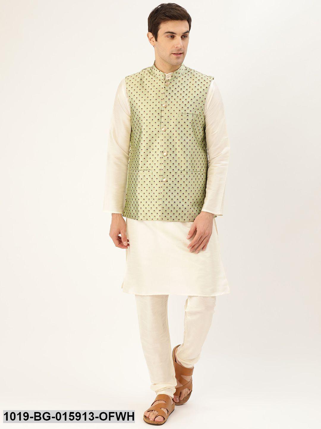 Men's Silk Blend Off White Kurta Pyjama & Pista Green Nehru jacket Combo - Sojanya - Indiakreations