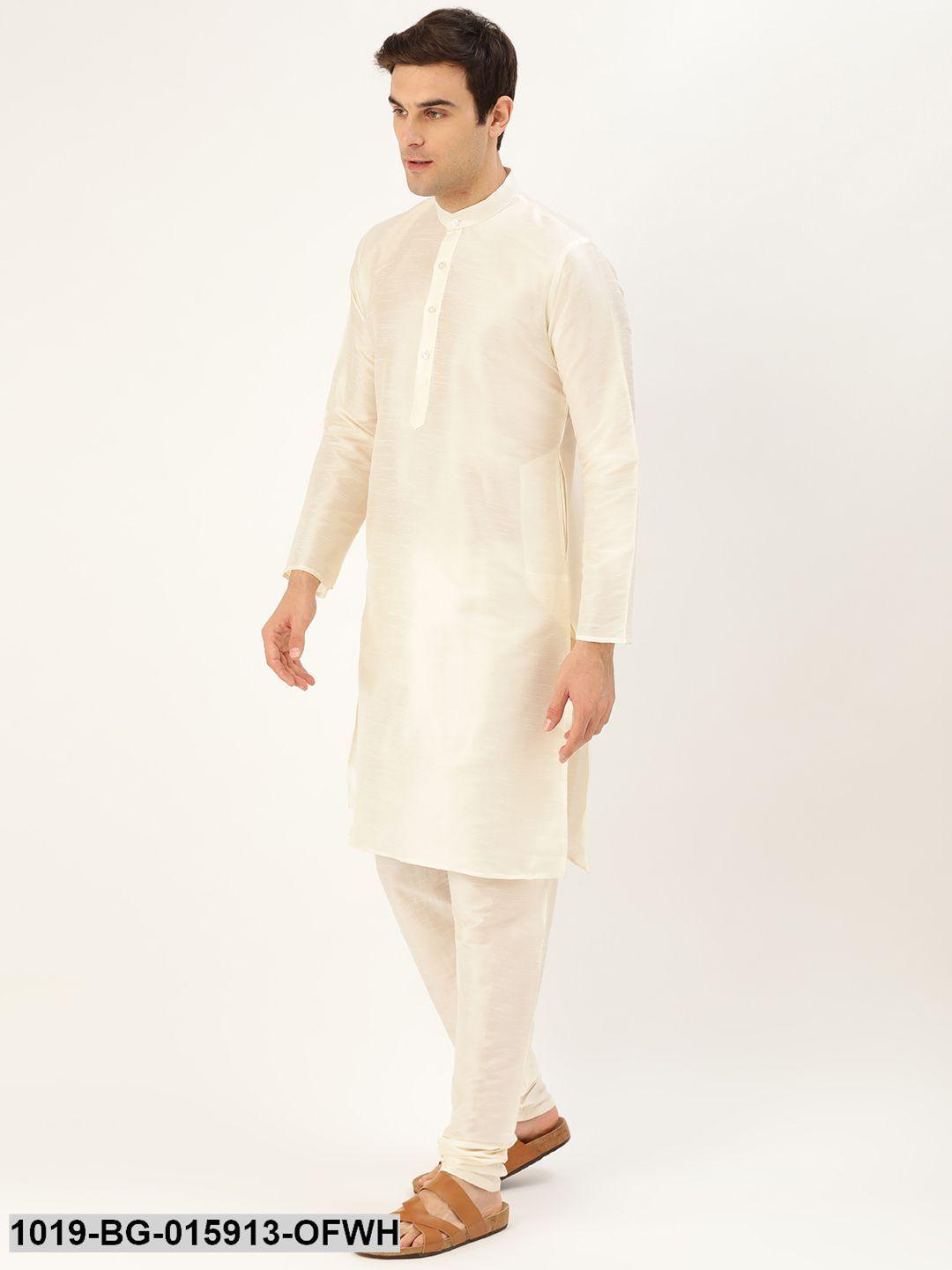 Men's Silk Blend Off White Kurta Pyjama & Pista Green Nehru jacket Combo - Sojanya - Indiakreations