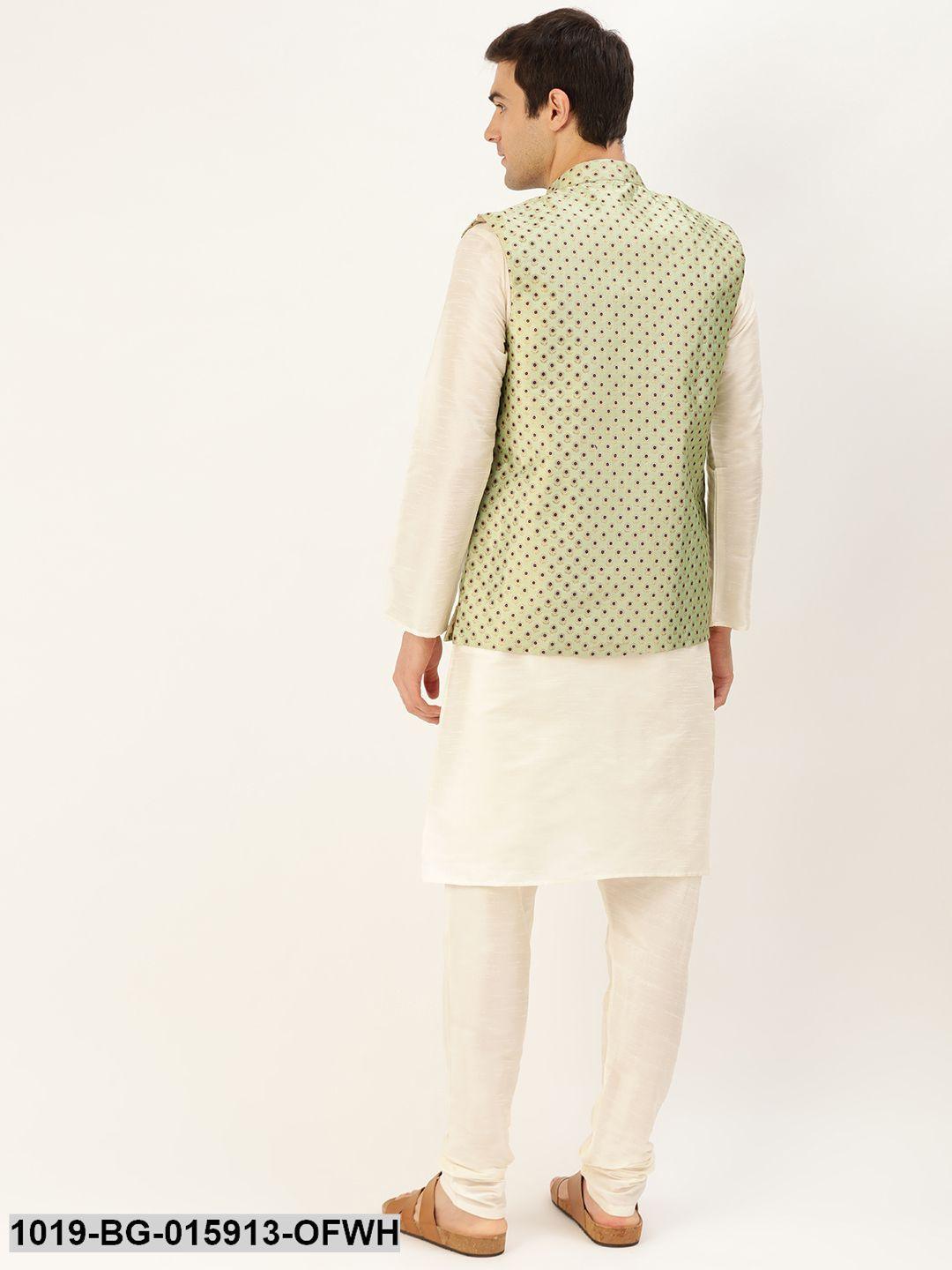 Men's Silk Blend Off White Kurta Pyjama & Pista Green Nehru jacket Combo - Sojanya - Indiakreations