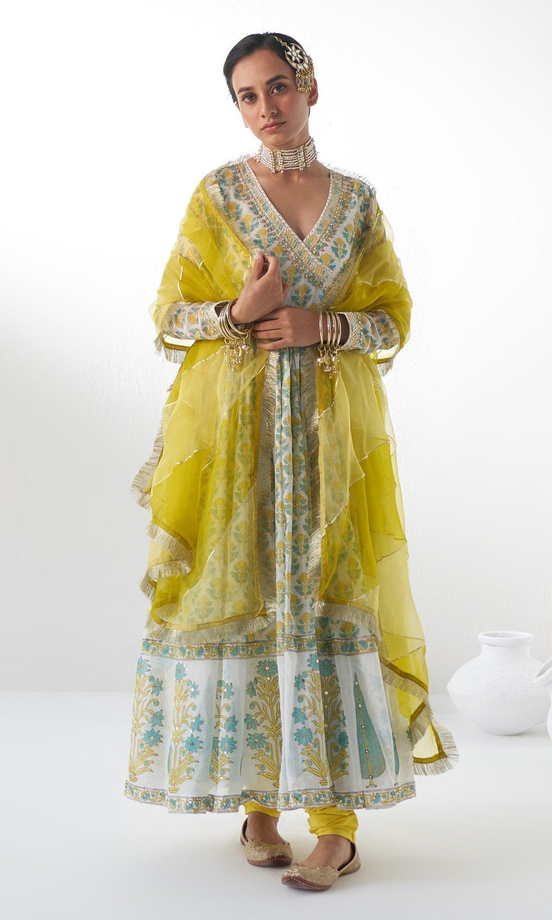 Jahanara Yellow Block Printed Embroidered Anarkali With Churidar and Dupatta - Set of 3 - RTS - Indiakreations