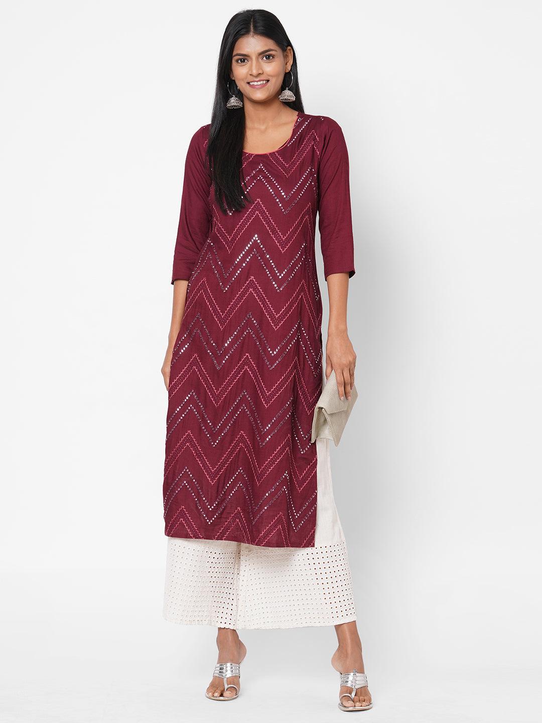 Chevron Foil Mirror Embroidered Kurta - Wine - Indiakreations