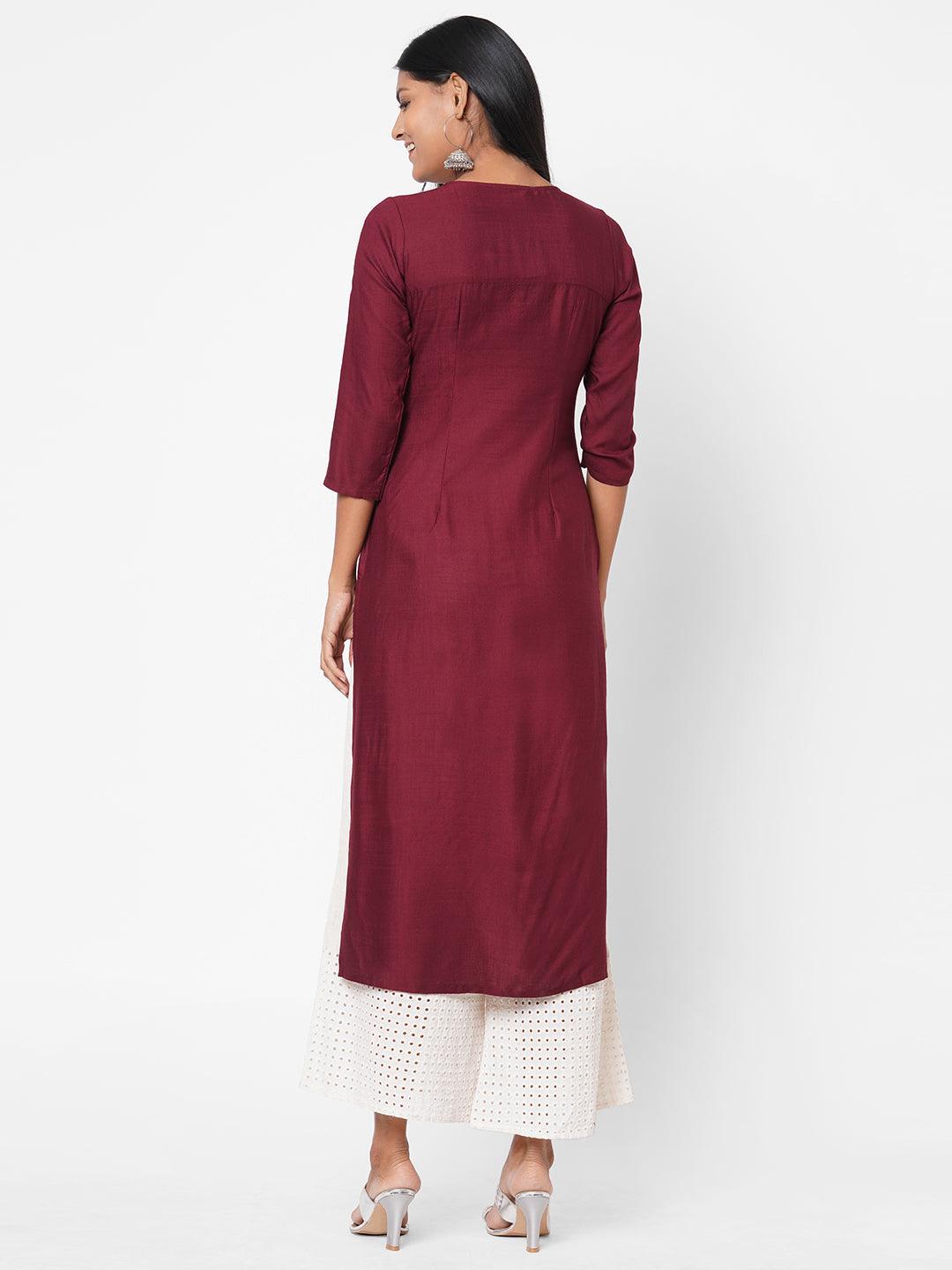 Chevron Foil Mirror Embroidered Kurta - Wine - Indiakreations