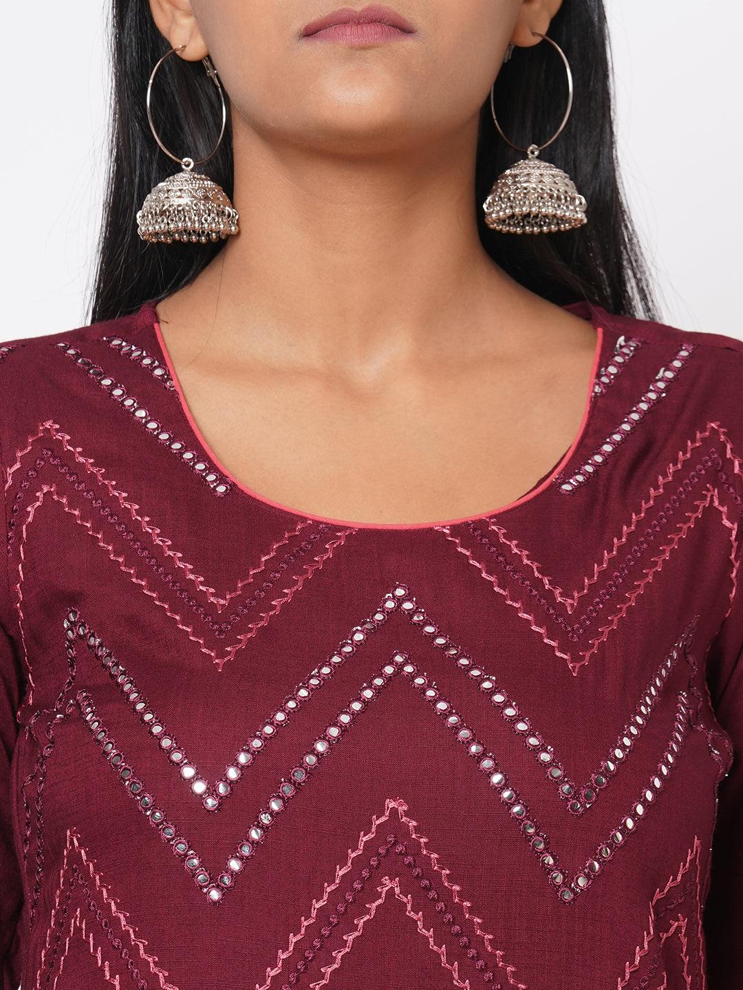 Chevron Foil Mirror Embroidered Kurta - Wine - Indiakreations