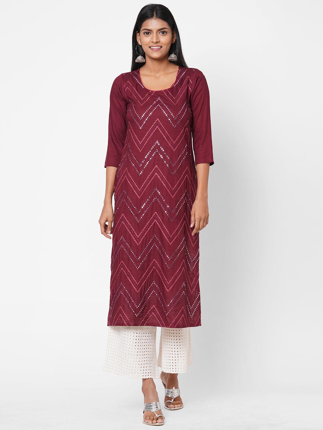 Chevron Foil Mirror Embroidered Kurta - Wine - Indiakreations