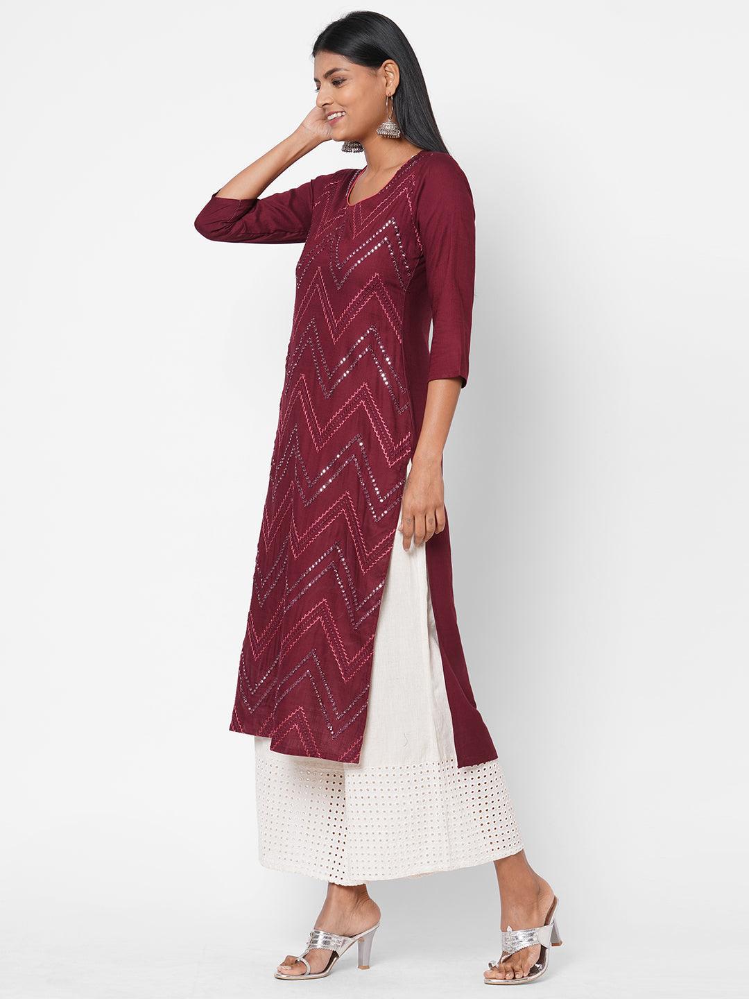 Chevron Foil Mirror Embroidered Kurta - Wine - Indiakreations