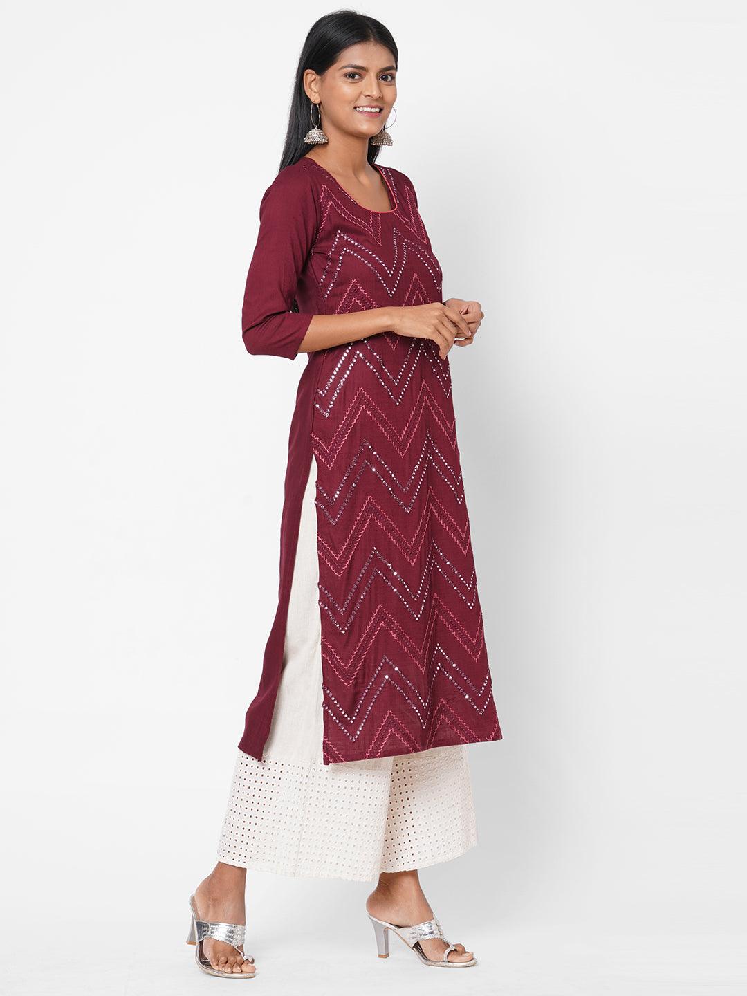 Chevron Foil Mirror Embroidered Kurta - Wine - Indiakreations