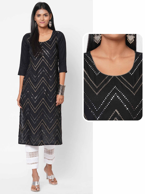 Chevron Foil Mirror Embroidered Kurta - Black - Indiakreations