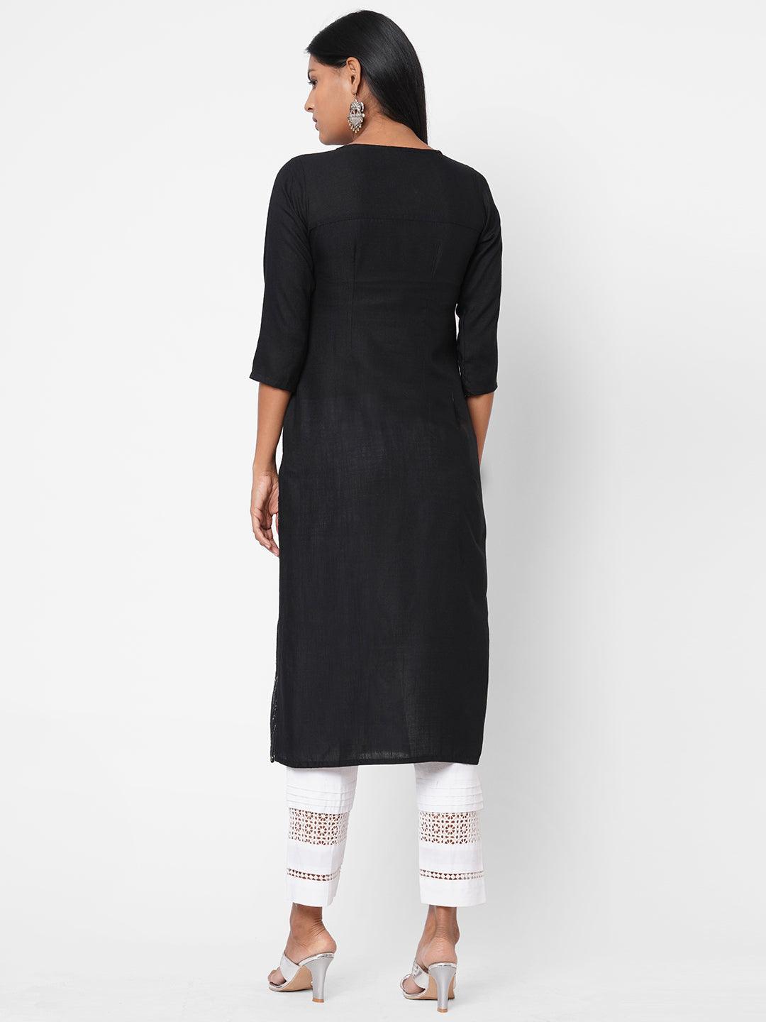 Chevron Foil Mirror Embroidered Kurta - Black - Indiakreations