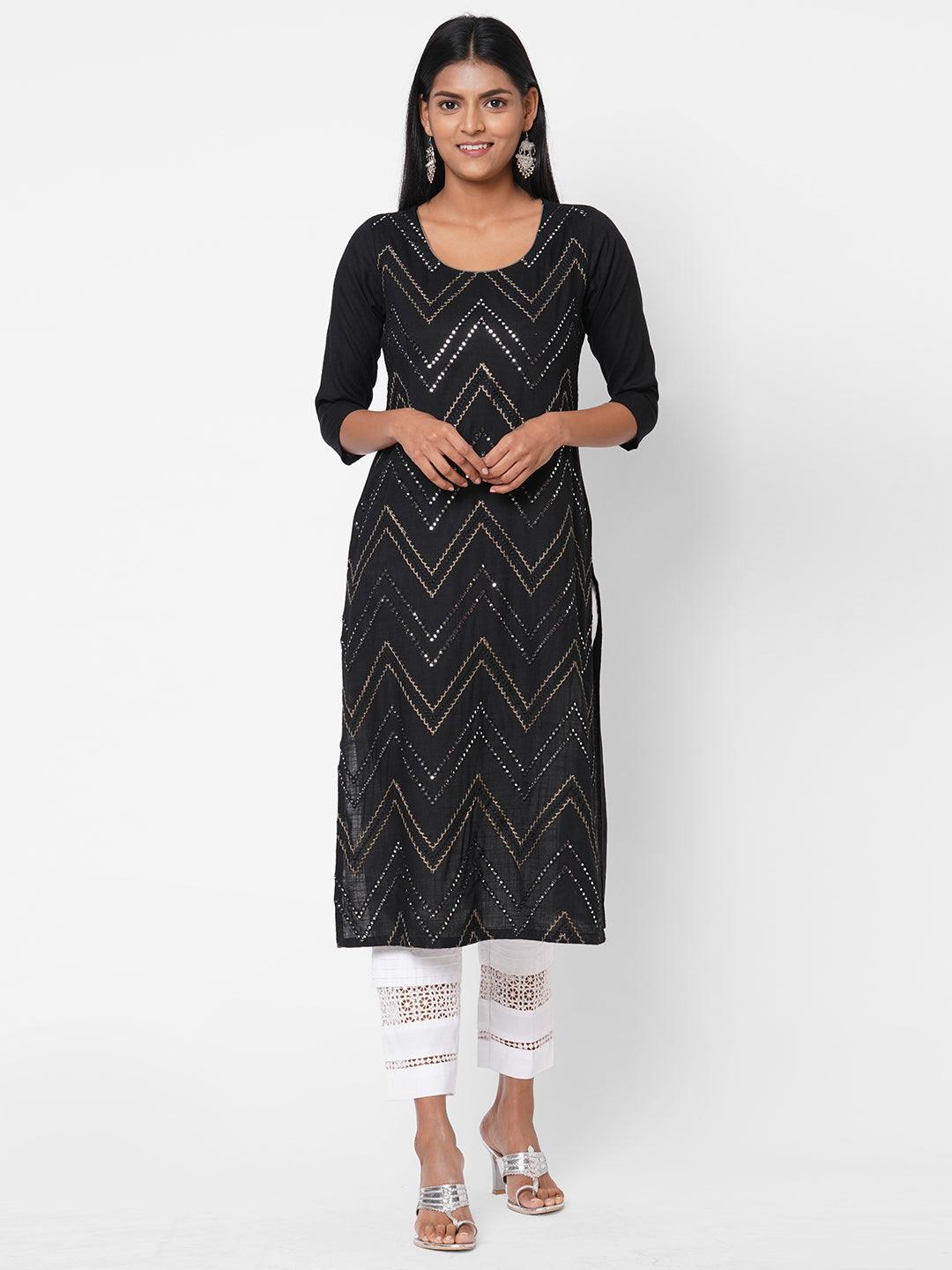 Chevron Foil Mirror Embroidered Kurta - Black - Indiakreations