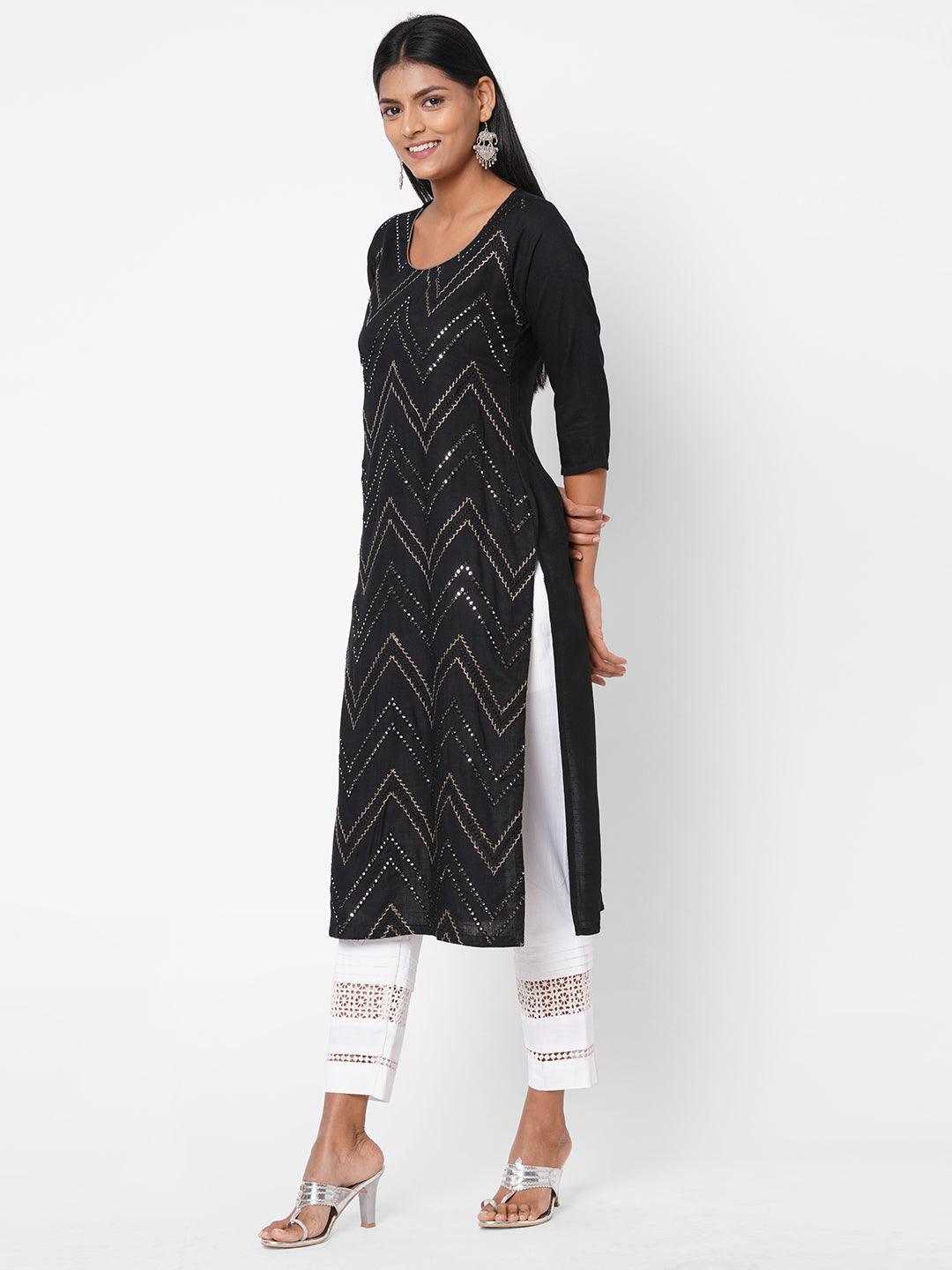 Chevron Foil Mirror Embroidered Kurta - Black - Indiakreations