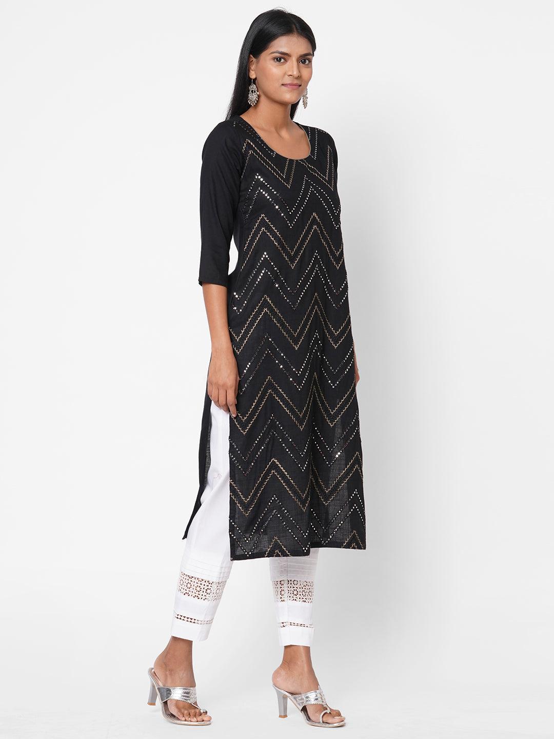 Chevron Foil Mirror Embroidered Kurta - Black - Indiakreations