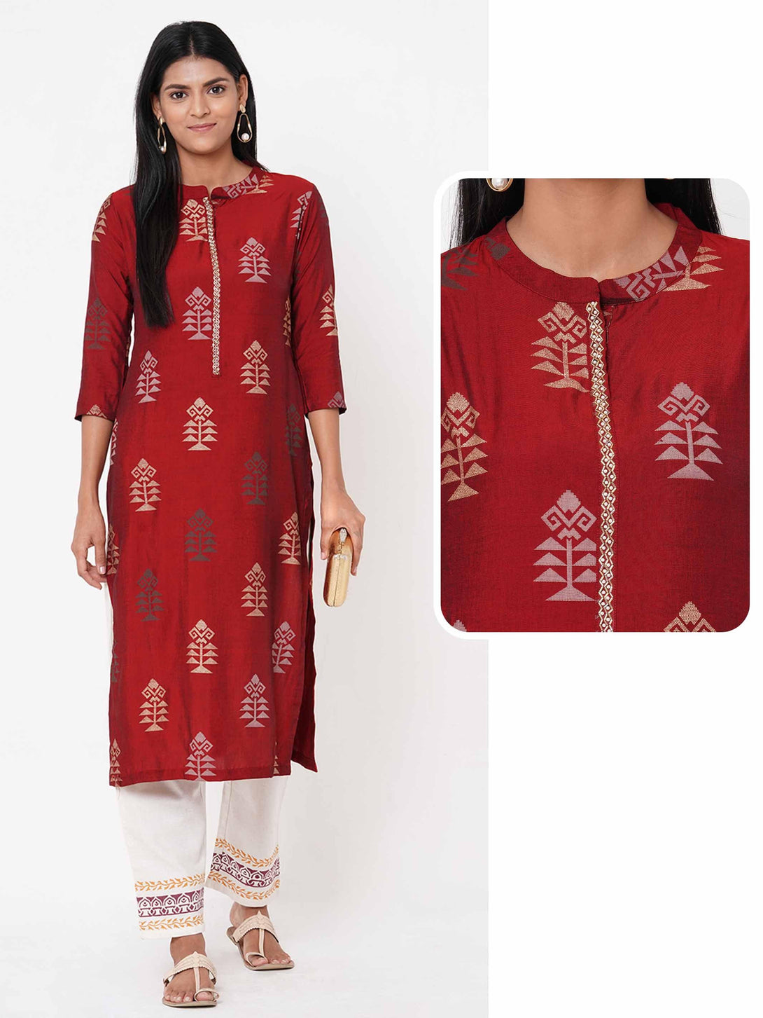 Ethnic Foil Printed Straight Kurta - Maroon - Indiakreations