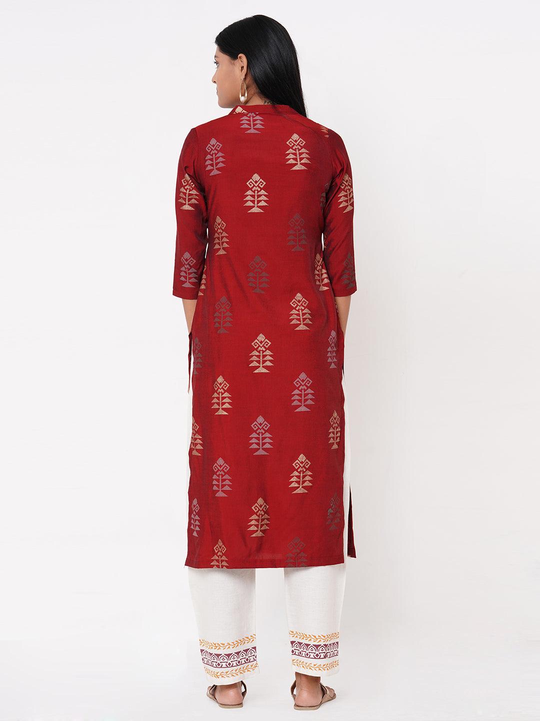 Ethnic Foil Printed Straight Kurta - Maroon - Indiakreations