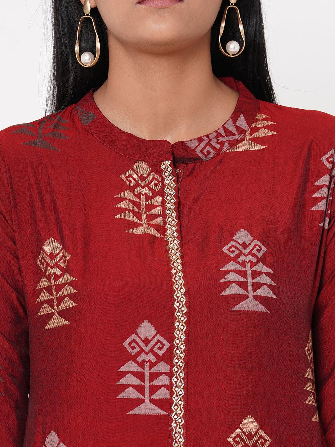 Ethnic Foil Printed Straight Kurta - Maroon - Indiakreations