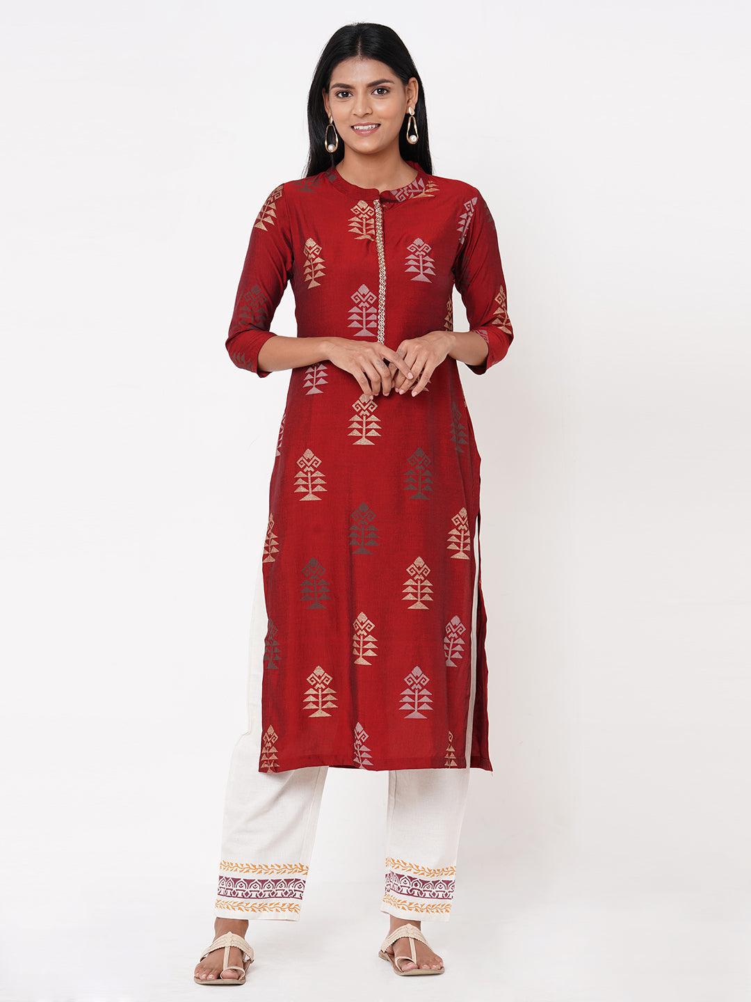 Ethnic Foil Printed Straight Kurta - Maroon - Indiakreations